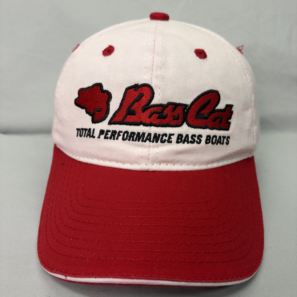 Bass Cat Boats Fishing Hat Mens OSFM White Red Embroidered Adjustable Cap